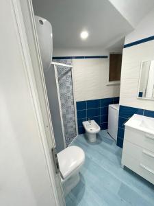 een blauwe en witte badkamer met een toilet en een wastafel bij Agenzia Isotur GIACINTO in Ponza