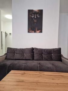 um sofá numa sala de estar com um quadro na parede em Cozy Corner em Braşov