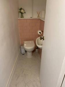 a small bathroom with a toilet and a sink at Centrally located flat with parking in Tetbury