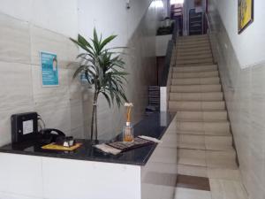 uma escada com uma mesa e uma planta num quarto em Hotel Novo Algés em São Paulo