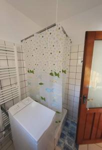 a bathroom with a toilet with butterflies on the wall at Casa Roza in Breaza de Sus