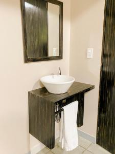 a bathroom with a sink and a mirror at Hotel Amigo Suites in Mexico City