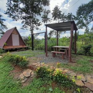 a picnic table and a shelter with a tent at Chava Camping Rio Celeste in Rio Celeste