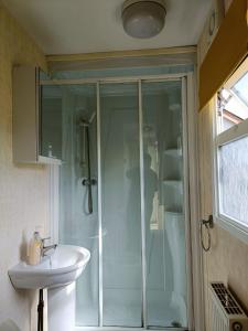 a bathroom with a shower and a sink at Rhosfeillion Static Caravan in Llangefni