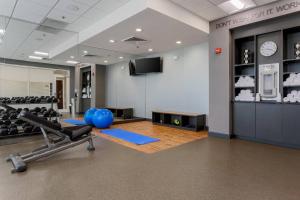 a gym with a blue pilates ball and a television at Fairfield Inn & Suites by Marriott Alexandria in Alexandria