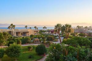 Blick auf einen Park mit Palmen und Häusern in der Unterkunft Sheraton Soma Bay Resort in Hurghada
