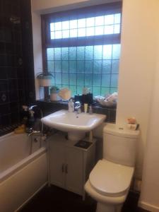 a bathroom with a toilet and a sink and a window at ALVASTON, DERBY Entire 1 Bed House & South Facing Patio Garden in Derby