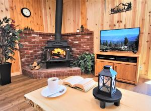 a living room with a fireplace and a tv at Sequoia Trails, mountains, fun & relax in Ponderosa