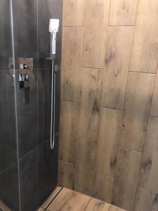 a bathroom with a shower with a glass door at Apartament u Lali in Ustka