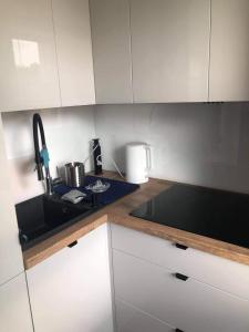 a kitchen with a sink and a counter top at Apartament u Lali in Ustka