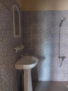 a bathroom with a sink and a shower at Le Poulagou in Saint-Louis