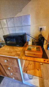 奧菲達的住宿－Chiocciola，木制柜台上带微波炉的厨房