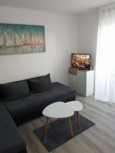 een woonkamer met een bank, een tafel en een tv bij Double Room Crikvenica 12305b in Crikvenica