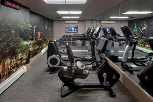 einen Fitnessraum mit Reihen von Cardio-Bikes und Laufbändern in der Unterkunft Courtyard by Marriott New York Manhattan/ Fifth Avenue in New York