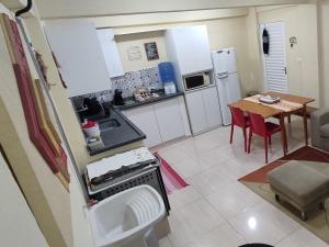 波蘇斯迪卡爾達斯的住宿－Estúdio Mobiliado em Poços，一个带水槽和桌子的小厨房
