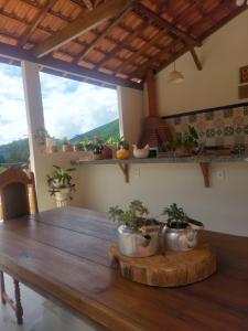 a wooden table with potted plants on top of it at Fazenda do Quartel in Manhumirim +11 photos