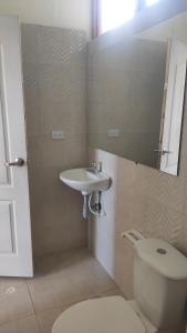 een badkamer met een wastafel, een toilet en een spiegel bij Hotel Brisas del Nevado in Güicán