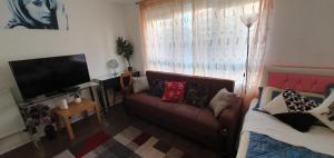 a living room with a couch and a flat screen tv at KFOT Cosy STUDIO FLAt, STOCKWELL in London