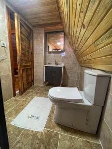 a bathroom with a toilet and a sink at Verde Blu Bungalow in Edremit