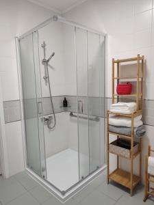 um chuveiro com uma caixa de vidro na casa de banho em Casa Hurtere em Horta