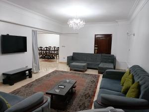 een woonkamer met een bank en een tv bij Apartment closes to city stars شقة فخمة من سيتي ستارز in Caïro