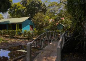 eine Holzbrücke, die zu einem blauen Gebäude mit einem Schild führt in der Unterkunft Los Amigos Jungle Hotel Tortuguero in Tortuguero