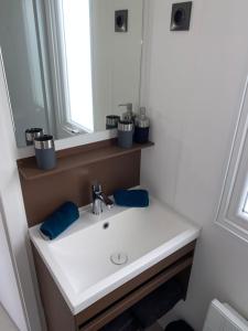 a bathroom with a white sink and a mirror at WohlfühlChalet Makkum Ijsselmeer Familienunterkunft in Makkum