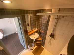 nad głową łazienki z umywalką i prysznicem w obiekcie Mollösunds Wärdshus w mieście Mollösund