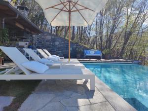 a pool with white lounge chairs and an umbrella at Villa Maria Laura in Lierna