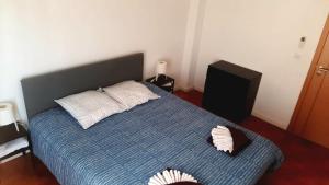 ein Schlafzimmer mit einem blauen Bett mit zwei Kissen in der Unterkunft Casa dos pelicanos 3 ROOMS in Sesimbra