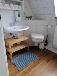 La salle de bains est pourvue d'un lavabo et de toilettes. dans l'établissement stilvolle Wohnung direkt in der City, à Wurtzbourg