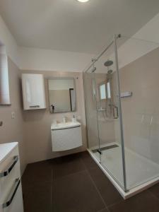 a bathroom with a shower and a sink at Apartment Spomax in Pag
