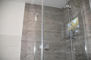 een badkamer met een douche en een glazen deur bij Ferienwohnung-Naurath in Naurath