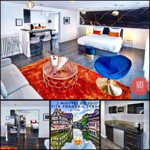 un collage de fotos de una habitación de hotel con dormitorio en LİFE İNCİTY - Petite France By Life Renaissance en Estrasburgo