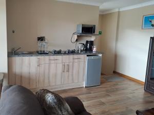 a kitchen with a counter with a stove and a microwave at Elim self catering in Fisherhaven
