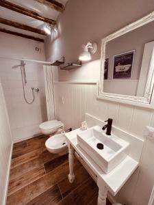 ein weißes Bad mit einem Waschbecken und einem WC in der Unterkunft Il Cavallo a Dondolo in Abbadia San Salvatore