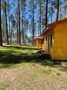 a small yellow cabin in a field with trees at Domki i Pole Namiotowe Pod Sosnami in Olsztyn