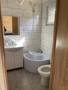 ein Badezimmer mit einer Badewanne, einem WC und einem Waschbecken in der Unterkunft Domki i Pole Namiotowe Pod Sosnami in Olsztyn