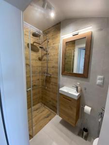 uma casa de banho com um chuveiro e um lavatório. em Jaśminowa 17 em Gdynia