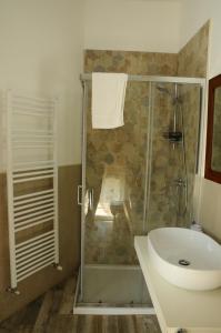 ein Bad mit einer Dusche, einem WC und einem Waschbecken in der Unterkunft Andrea affittacamere e B&B in Solignano Nuovo