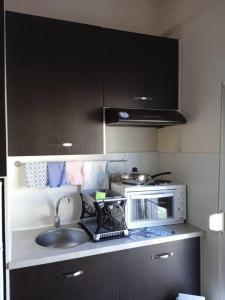 a kitchen with a sink and a microwave at Πουτουρίδου Αλεξάνδρα in Paralia Katerinis