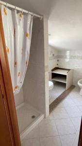 a bathroom with a shower curtain and a toilet at La Mansarda in Biancareddu