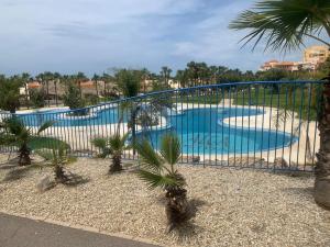 een zwembad met een blauw hek en palmbomen bij Alta Entinas Almerimar .Modern apartment close to beach, beautiful pool. in El Ejido