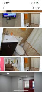 a collage of pictures of a bathroom with a toilet and a sink at Cozy Place To Stay in Brooklyn in Brooklyn
