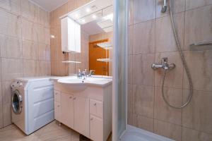 a bathroom with a sink and a washing machine at Grubelic House in Rab