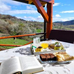 una mesa con un plato de comida y un libro en Vujanac vikend kuća en Raška