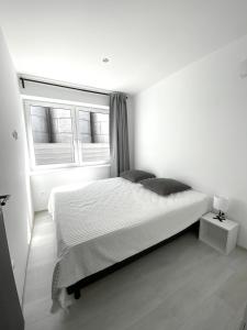 a white bedroom with a large bed and two windows at MG Apartments Štúrovo in Štúrovo