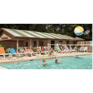 un grupo de personas en una piscina con una pelota de playa en Sunburst RV Resort, en Whitfield