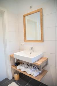 y baño con lavabo, espejo y toallas. en Planaiblick-Lodge Schladming, en Schladming