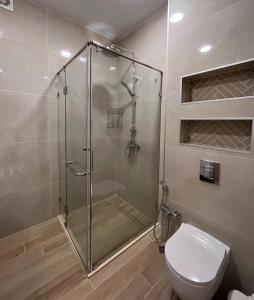 uma cabina de duche na casa de banho com WC em Apartment in Sea Breeze - Park Residence em Baku